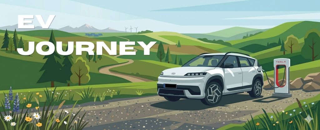 EV Journey. Visual of Hyundai Elexio Elite EV car being charged at a Tesla Supercharger with a view to rolling green hills in the background.