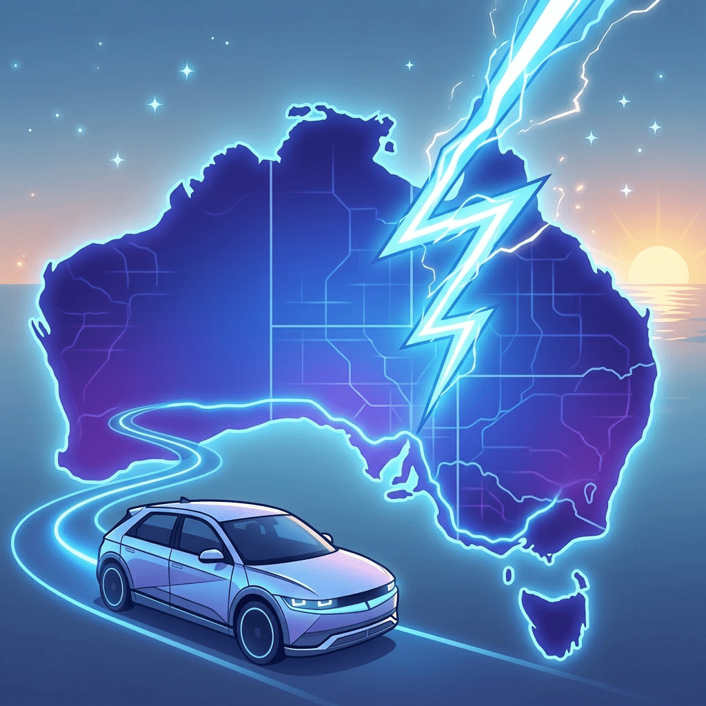 Electric car driving with glowing road leading to map of Australia featuring a lightning bolt