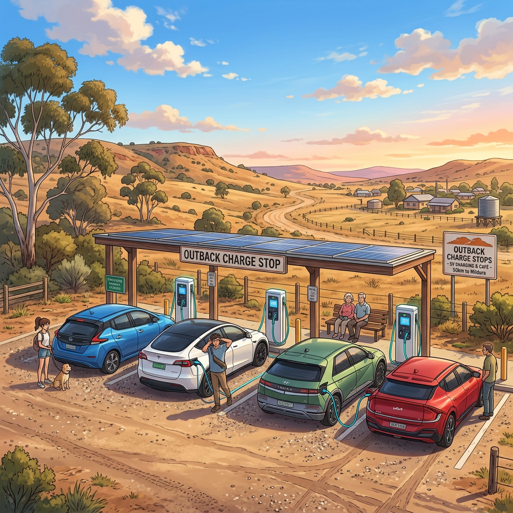 Electric cars charging at a solar-powered station in rural outback with hills and trees