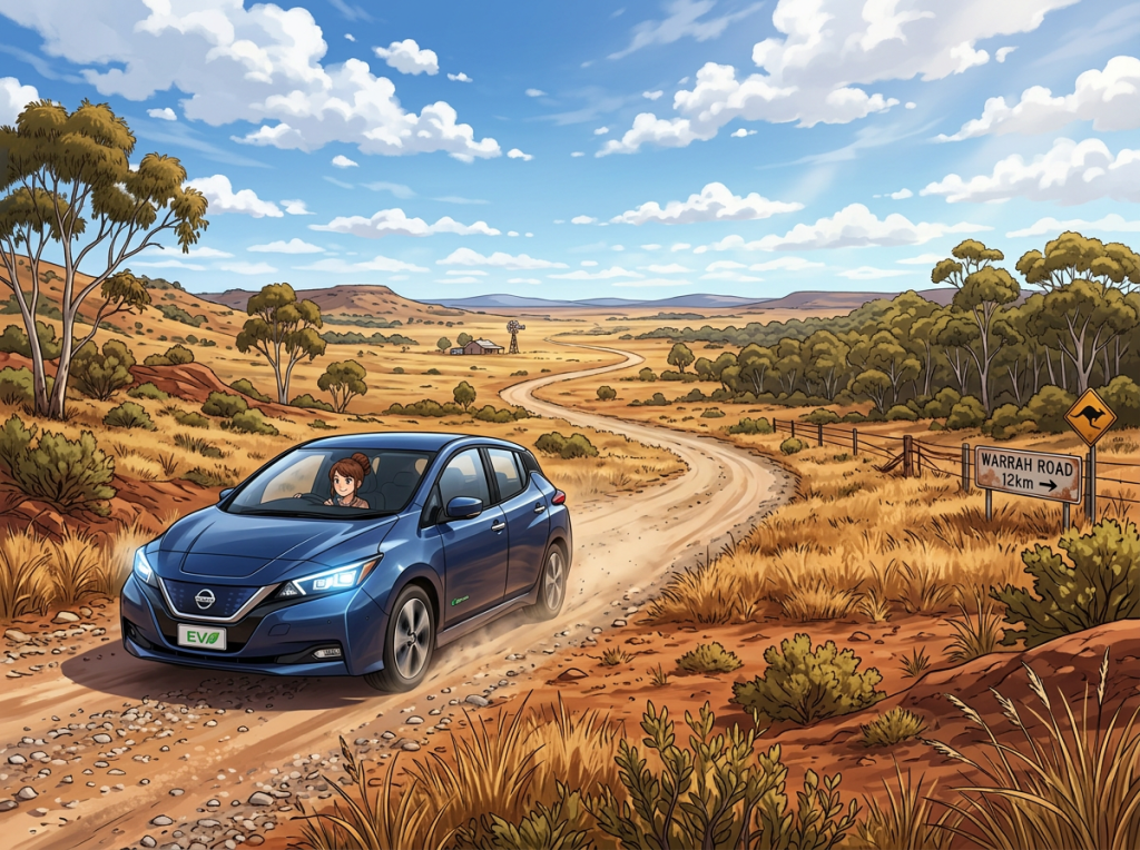 Blue electric car driving on dirt road with outback landscape and kangaroo road sign