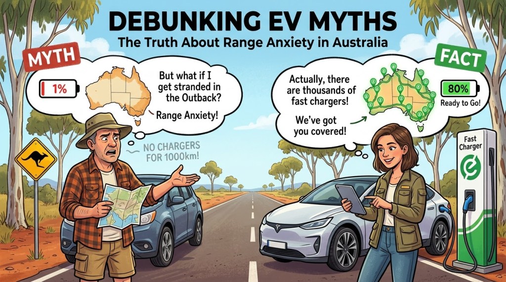 Debunking EV Myth about range anxiety in Australia: 
Person 1: But what if I get stranded in the Outback?
Person 2: Actually, there are thousands of fast chargers! We've got you covered!